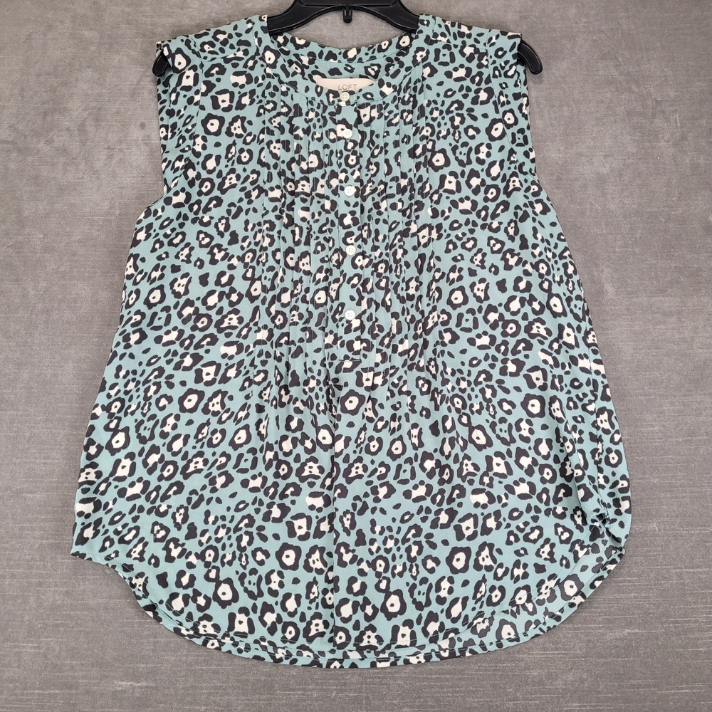 LOFT Womens Teal‎ Blue Leopard Print Sleeveless Pleated Button Front Blouse Sz M